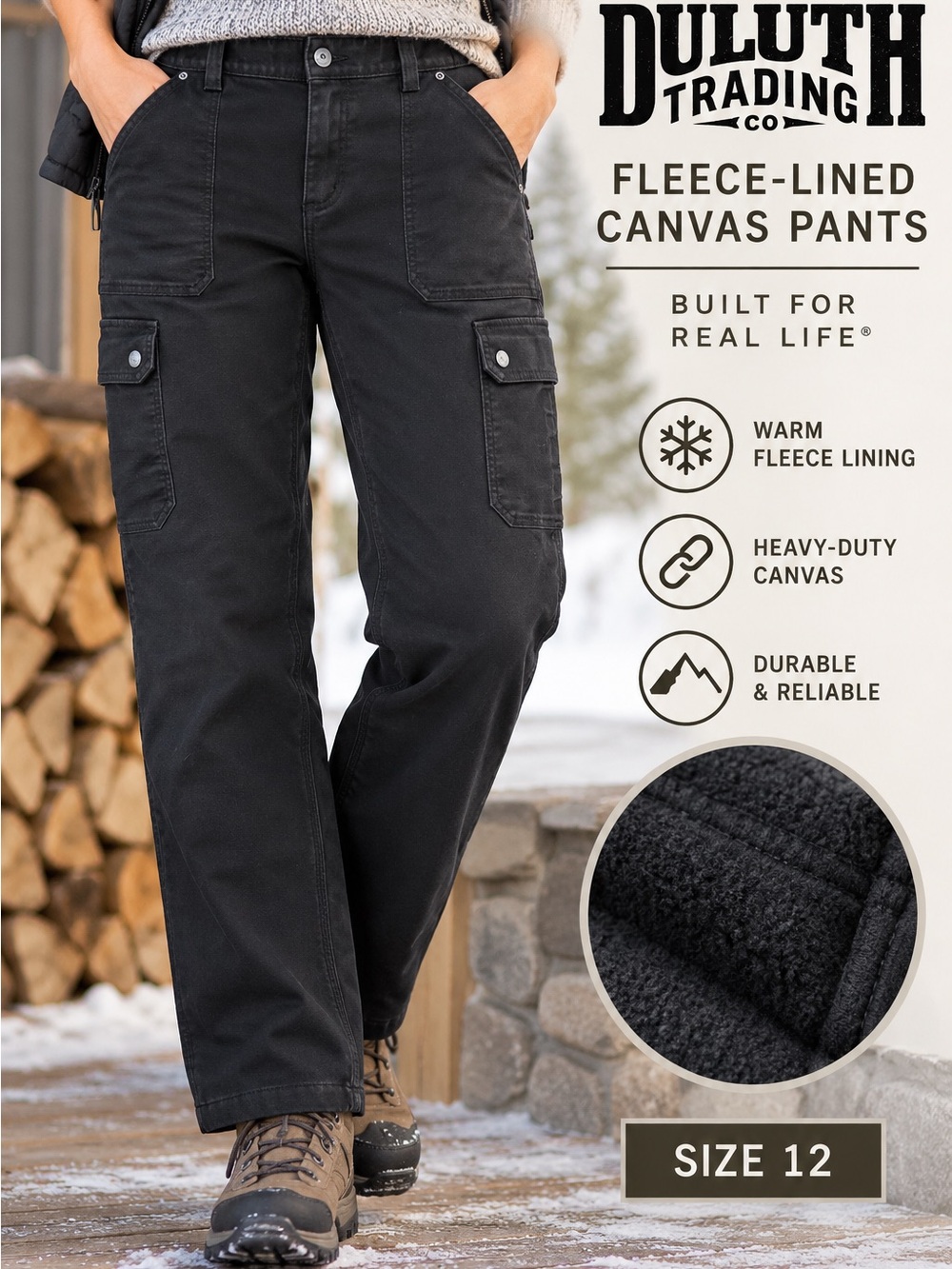 Duluth Trading Women’s 12 x 31 Fleece Lined Canvas Cargo Work Pants Black